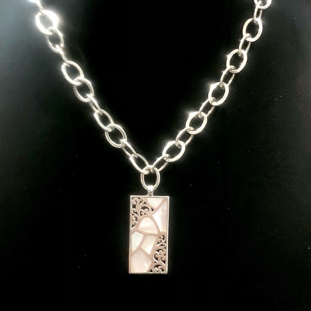 LOIS HILL Sterling Silver Cut Out Scroll Mother of Pearl Inlay Pendant Necklace